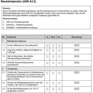 Checkliste Raumtemperatur gemäß ASR A3 5 WEKA