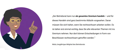 Screenshot: Illustriertes Porträt einer Betriebsrätin mit Zitat zum Handeln ‚als gesamtes Gremium‘, gekennzeichnet als Aussage von Malia, langjähriges Mitglied des Betriebsrats