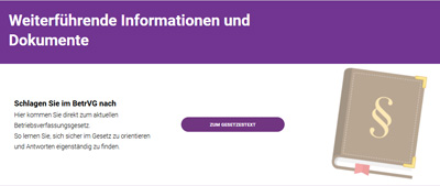 Screenshot: Ansicht ‚Weiterführende Informationen und Dokumente‘ mit Hinweis auf das Betriebsverfassungsgesetz, Button ‚Zum Gesetzestext‘ und Illustration eines Buches mit Paragraf-Symbol