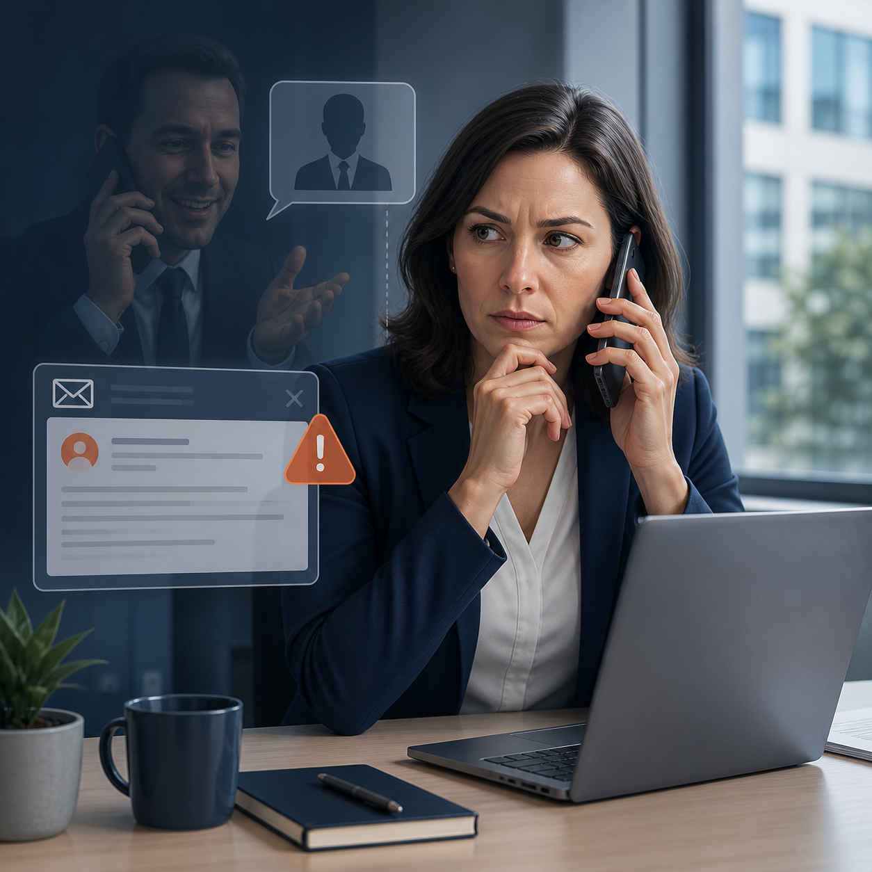 Illustration: Eine Mitarbeiterin erkennt und stoppt einen Phishing-Angriff