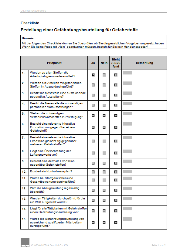 Gefährdungsbeurteilung Gefahrstoffe Vorlage