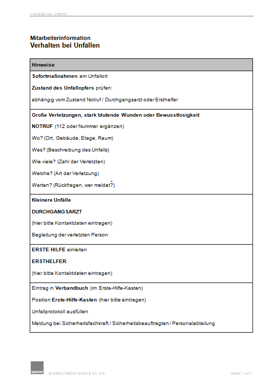 Mitarbeiterinformation Verhalten bei Arbeitsunfällen