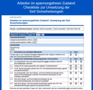 Checkliste für die Umsetzung der fünf Sicherheitsregeln zum Arbeiten im spannungsfreien Zustand