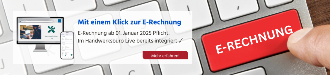 Eine Tastatur mit einer roten Taste, die mit "E-Rechnung" beschriftet ist, wird gezeigt. Ein Computerbildschirm und ein Smartphone, die eine Software-Oberfläche anzeigen, sind ebenfalls zu sehen. Der Text auf dem Bild wirbt für die Nutzung von elektronischen Rechnungen, weist darauf hin, dass diese ab dem 1. Januar 2025 verpflichtend sind, und bietet weitere Informationen an.