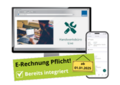 Eine Person benutzt einen Desktop-Computer mit einer angezeigten Software-Oberfläche. Der Bildschirm zeigt eine Werkstattumgebung. Ein Smartphone zeigt eine zugehörige mobile App. Ein grünes Schild am unteren Rand liest: "E-Rechnung Pflicht! Bereits integriert" und "ab 01.01.2025".