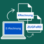 Ein Handwerker sitzt an einem Schreibtisch und lächelt in seinen Laptop. Links davon integrieren sich digitale Rechnungssymbole mit den Aufschriften „E-Rechnung“, „XRechnung“ und „ZUGFeRD“ nahtlos in die Aufgaben von Handwerk und stehen für effiziente elektronische Rechnungsprozesse, die auf Handwerksbetriebe zugeschnitten sind.