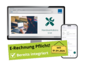 Eine Person benutzt einen Desktop-Computer mit einer angezeigten Software-Oberfläche. Der Bildschirm zeigt eine Werkstattumgebung. Ein Smartphone zeigt eine zugehörige mobile App. Ein grünes Schild am unteren Rand liest: "E-Rechnung Pflicht! Bereits integriert" und "seit 01.01.2025".